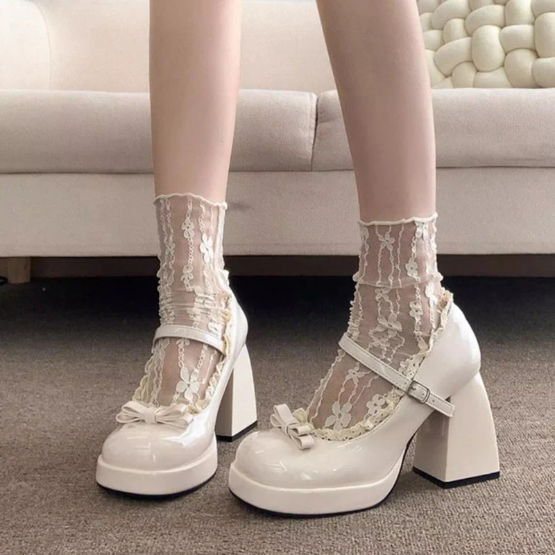 Escarpins Mary Jane à talon épais et bride à boucle, style français, avec nœud et dentelle, pour femme, nouvelle collection printemps 2026